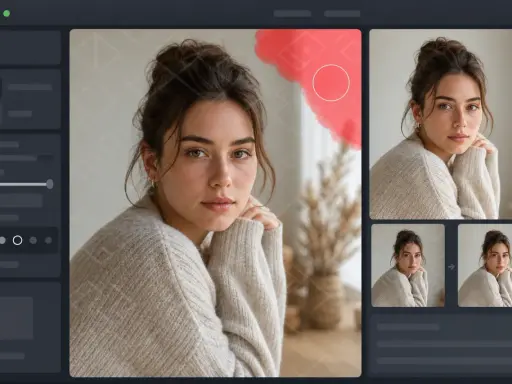 Interfaccia di editing foto con ritratto femminile. Il **filigrana significato fotografia** è la sua essenza, catturata in un'espressione serena.