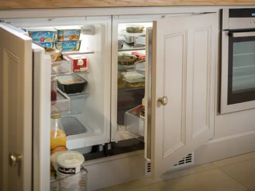 Un frigorifero integrato, quasi invisibile, con ante in legno che si fondono con l'arredamento, perfetto per nascondere il frigorifero in soggiorno.