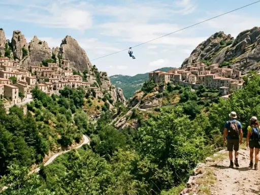 Castelmezzano, cosa vedere: un borgo aggrappato alle rocce, con un volo in zipline per ammirare il panorama. Due escursionisti sul sentiero.