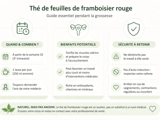 Guide sur le thé de feuilles de framboisier rouge : quand le boire, ses bienfaits potentiels et les précautions à prendre pendant la grossesse.