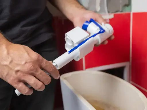 Ręce trzymają mechanizm spłuczki, przygotowując go do odkamieniania.