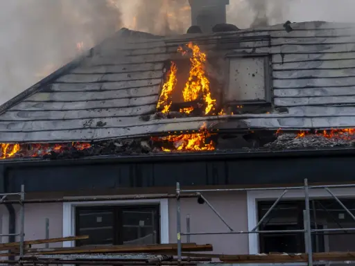 Un **incendie habitation** ravage le toit d'une maison, avec des flammes vives et une épaisse fumée s'échappant des combles.