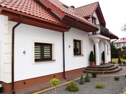 Brązowy cokół wokół domu, wykonany z tynku, stanowi estetyczne i praktyczne wykończenie.