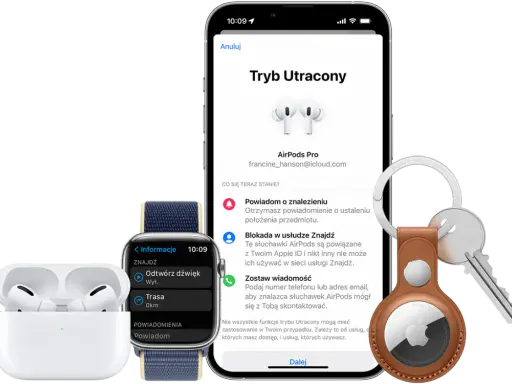 iPhone z funkcją znajdź mój iphone icloud, Apple Watch i AirTag pomagają odnaleźć zgubione AirPods Pro.