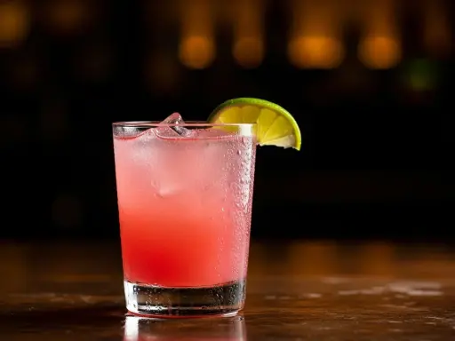 En rosa tequila drink med is och en limeklyfta på en mörk bakgrund.