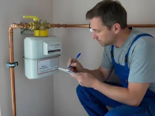 Handwerker notiert sich die **Gasanschluss Kosten** bei der Installation eines Gaszählers.