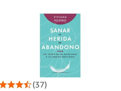 Portada del libro "Sanar la herida de abandono" de Viviana Rosero, con una pluma blanca y estrellas de valoración.