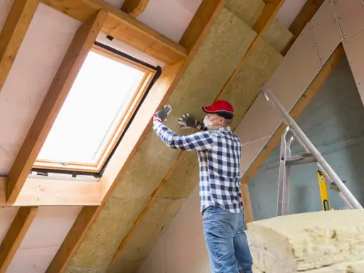 Mann isoliert ausgebauten Dachboden mit Dämmmaterial. Ein Dachfenster sorgt für Licht.