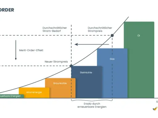 Merit-Order-Diagramm zeigt den Energiemarkt Deutschland: Erneuerbare Energien, Atomkraft, Kohle, Gas und Öl im Preis-Mengen-Verhältnis.