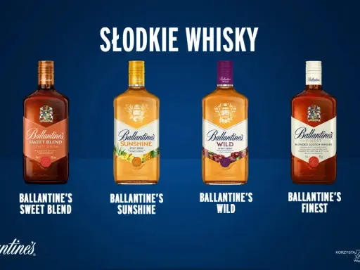 Cztery butelki whisky Ballantine's: Sweet Blend, Sunshine, Wild i Finest. Ballantine's 12 years to klasyka.