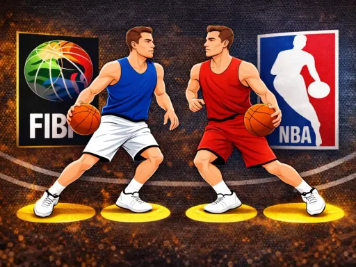 Dwóch koszykarzy, jeden w niebieskim, drugi w czerwonym, z piłkami w rękach, obok logotypów FIBA i NBA. Zastanawiasz się, ile kroków można zrobić w koszykówce?
