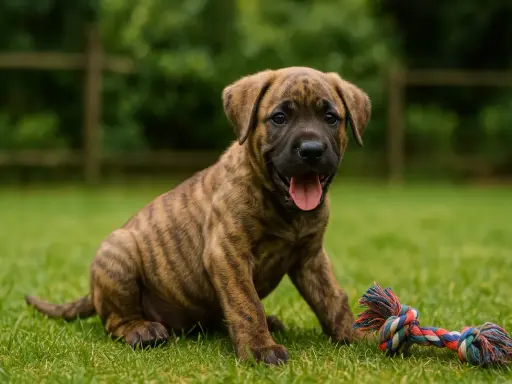 Un chiot Fila de São Miguel tigré, assis sur l'herbe avec une corde à jouer colorée.