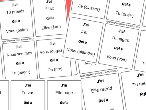 Cartes à jouer pour apprendre la conjugaison française. Elles présentent des pronoms et des verbes, comme "J'ai" ou "Tu vas", pour pratiquer la conjugaison.