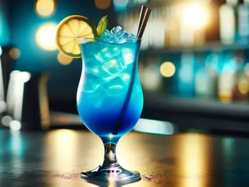 Orzeźwiający blue lagoon drink z lodem, plasterkiem cytryny i miętą, podany w eleganckim kieliszku na tle rozmytego baru.