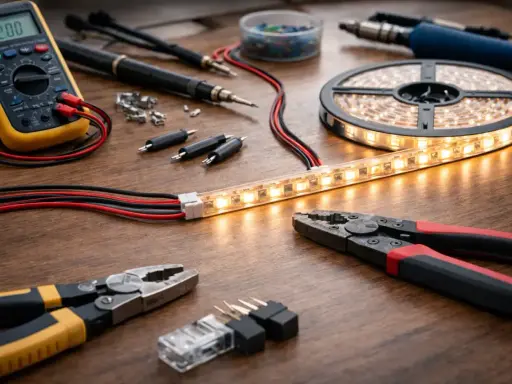 Narzędzia do elektryki i taśma LED na drewnianym blacie. Multimetr, lutownica, szczypce i złączki sugerują, jak podłączyć taśmę led do włącznika światła.