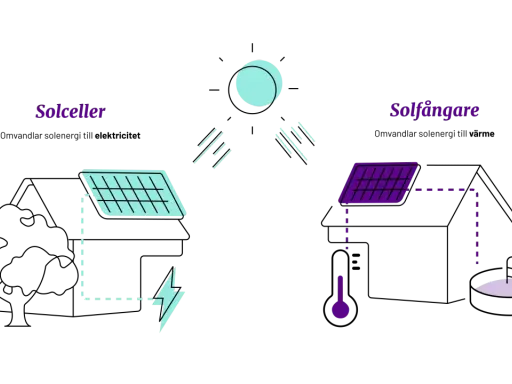 Illustration visar hur solceller ger el och hur solfångare värmer vatten.
