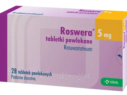 Opakowanie leku Roswera 5 mg, zawierające 28 tabletek powlekanych. Przed zastosowaniem należy zapoznać się z ulotką dotyczącą roswera skutki uboczne.