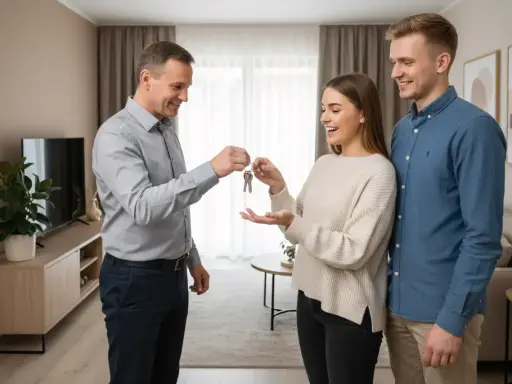 Mężczyzna przekazuje klucze młodej parze. To ich nowy dom, a wynajem a dwóch właścicieli właśnie się rozpoczął.