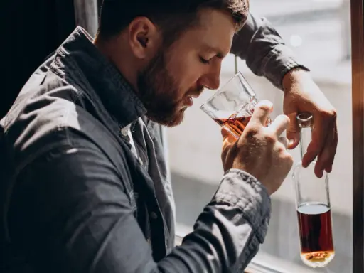Mężczyzna z brodą, oparty o okno, pije alkohol. W ręku trzyma szklankę z bursztynowym płynem i pustą butelkę. To obraz, jak alkoholik zapije się na śmierć.