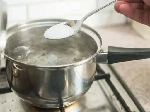 En sked med salt tillsätts i kokande vatten. En del av locket är upplyft. En burk med salt syns i bakgrunden, redo för egen resorb.