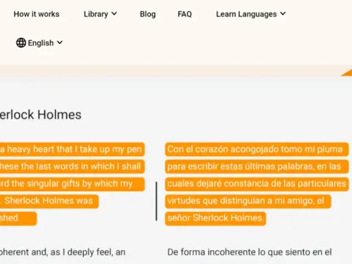 Aplikacja Beelinguapp oferuje czytanki po angielsku, prezentując tekst Sherlocka Holmesa w dwóch językach.