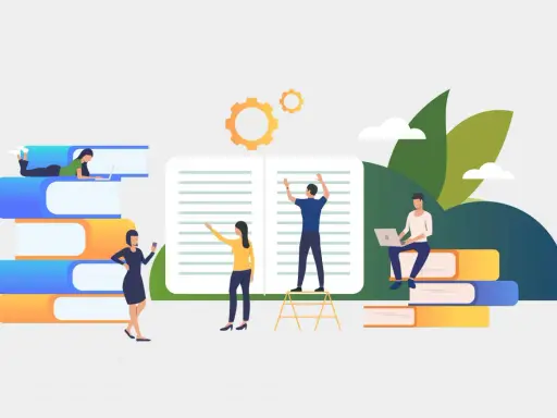 Menschen lernen und arbeiten mit Büchern und Laptops. Zahnräder und Blätter deuten auf stilistische Geräte im Lernprozess hin.