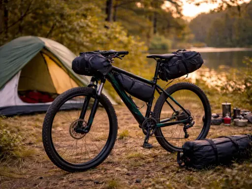 Rower gotowy do bikepacking gravel. Namiot i sprzęt kempingowy czekają nad jeziorem.