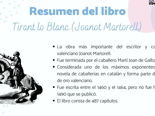 Resumen del libro Tirant lo Blanc, obra cumbre de Joanot Martorell. Ilustración de un caballero en armadura sobre un caballo.