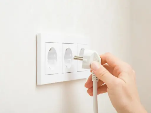 Main d'une personne branchant une prise électrique dans une prise murale triple.