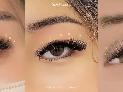Trzy zbliżenia na oko z różnymi stylizacjami rzęs: Wispy Cat Eye, Cat Eye - Max Volume. Widoczne mapowanie długości rzęs.