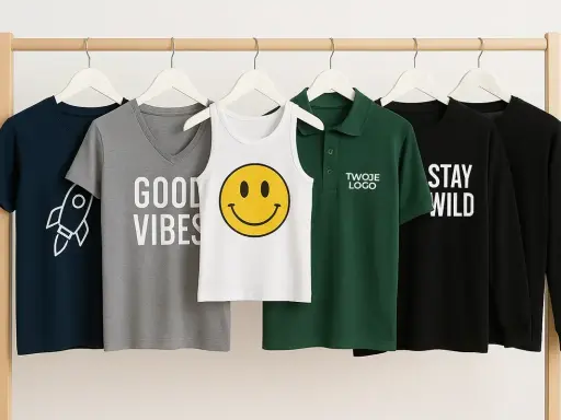Różne koszulki na wieszakach: z rakietą, napisem "GOOD VIBES", uśmiechem, logo i "STAY WILD". Dowiedz się, jak uszyć koszulkę!