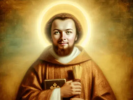 Święty Daniel patron, z aureolą, trzyma księgę i rózgę.