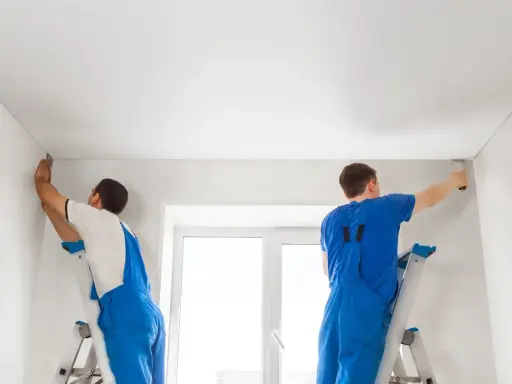 Dwóch fachowców na drabinach montuje biały sufit napinany, tworząc gładką powierzchnię.