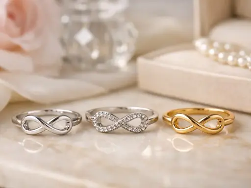 Tre anelli con simbolo dell'infinito, uno in oro, uno in argento con zirconi e uno in argento semplice. L'anello nodo d'amore significato è l'eternità.