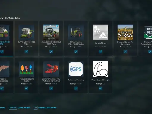 Menu modyfikacje/DLC do FS22: kombajny Claas, maszyny do słomy, narzędzia i inne mody.