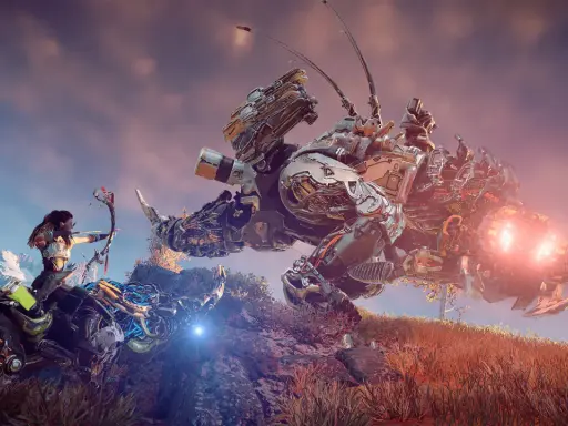 Aloy na mechanicznym wierzchowcu celuje z łuku w latającą maszynę w Horizon Zero Dawn 2.