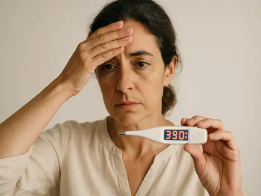 Donna con termometro digitale che mostra 39.0, fronte appoggiata sulla mano, segno di stanchezza cronica e malessere.