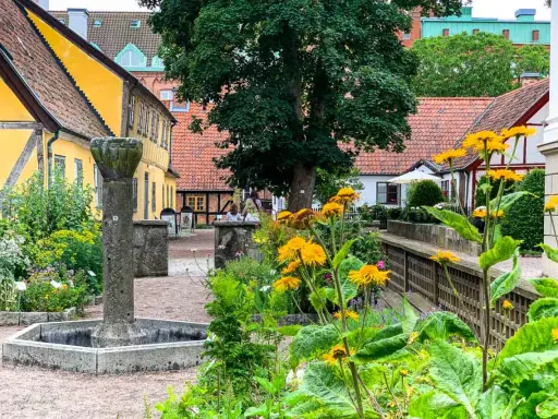 En vacker innergård i Lund utomhus med gula hus, en gammal fontän och blomstrande växter.