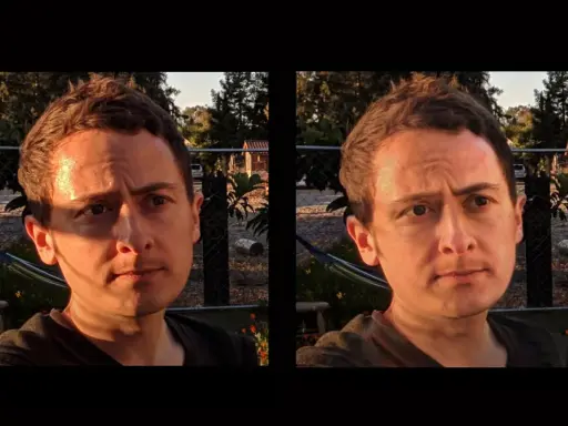 Comparación de dos retratos: uno con sombras marcadas y otro donde se intentó quitar sombras de una foto para un rostro más uniforme.