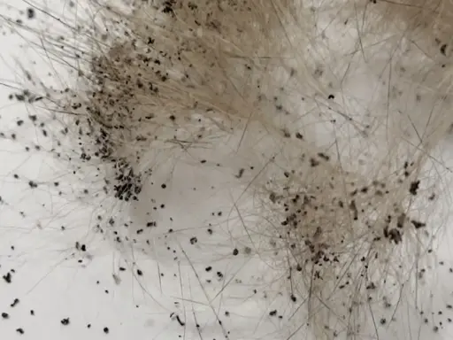 Gros plan sur des déjections de puces, signe d'une piqure puce chien. Ces petits points noirs sur le pelage indiquent la présence de parasites.