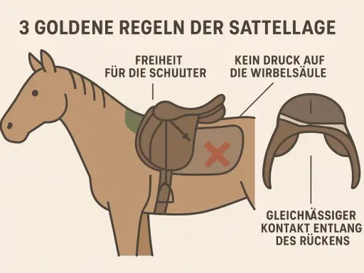 Illustration zeigt, wie man den Sattel richtig anpassen kann: Freiheit für die Schulter, kein Druck auf die Wirbelsäule, gleichmäßiger Kontakt.