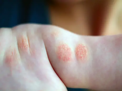 Plaques rouges et squameuses sur le bras d'un enfant, signe d'un petit bouton sur les bras allergie.