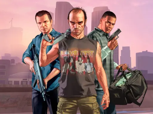 Trzej bohaterowie GTA 5 z bronią i torbą pieniędzy, gotowi na akcję. Sprawdź gta 5 wymagania, by dołączyć do ich przygód!