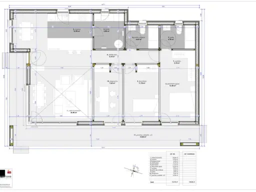Plano de vivienda unifamiliar con distribución de estancias: salón-comedor, cocina, dormitorios, baños, despacho y porche. Un ejemplo de diseño para una casa passivhaus que es eficiente energéticamente.