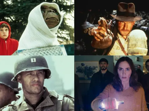 En bildkavalkad av filmer med Steven Spielberg: E.T., Indiana Jones, Rädda menige Ryan och A Quiet Place.