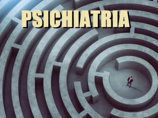 Un uomo d'affari in un labirinto di cemento, con la parola "Psichiatria" in alto. Un'immagine che evoca il pensiero tangenziale e la complessità della mente.