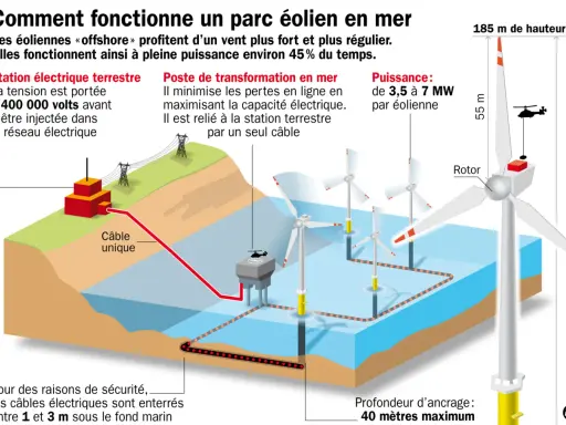 Schéma eolienne simple : une station terrestre connectée à un poste de transformation en mer par un câble unique, alimentant plusieurs éoliennes.