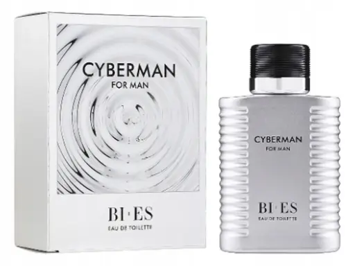 Perfumy męskie Bi-es Cyberman w srebrnym flakonie i pudełku z motywem fal.