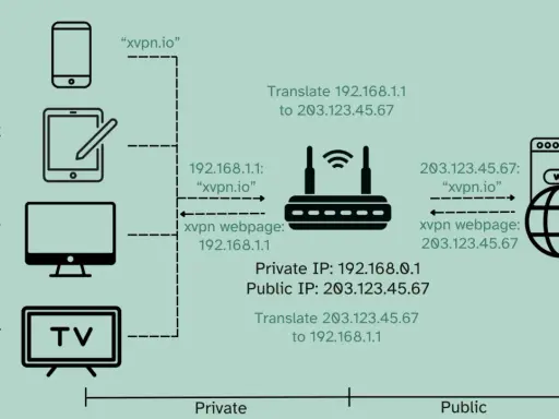 Netzwerkdiagramm zeigt, wie private IPs (z.B. 192.168.1.1) über einen Router in eine öffentliche IP (203.123.45.67) übersetzt werden. Ist die IP-Adresse immer gleich? Nein, die öffentliche IP ist für alle Geräte gleich, die private IP ist individuell.