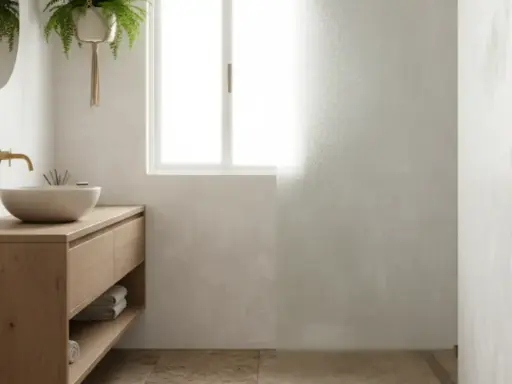 Salle de bain moderne avec meuble en bois, vasque en pierre et murs à l'effet peinture à la chaux subtil.